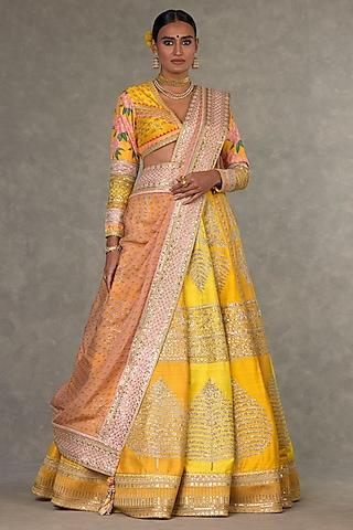 yellow raw silk motif & sitara embellished lehenga set