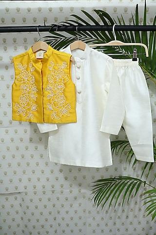 yellow raw silk pearl hand embroidered nehru jacket set