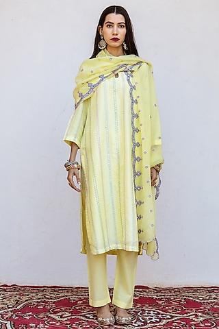 yellow raw silk straight kurta set
