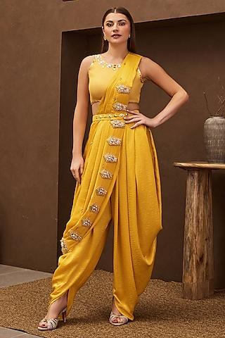 yellow satin embroidered dhoti saree set
