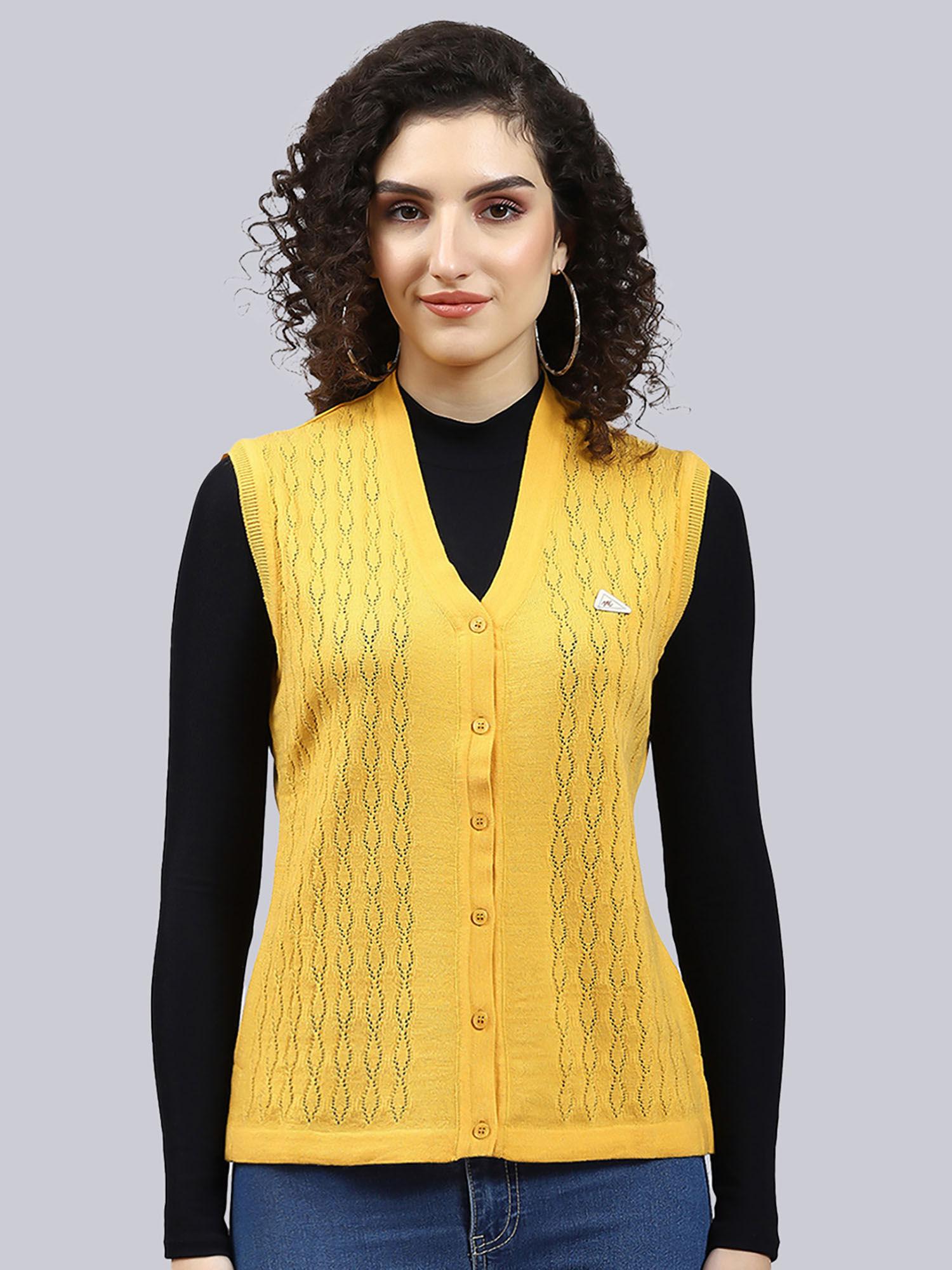 yellow self design v neck cardigan