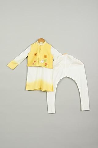 yellow shaded kurta set with nehru jacket for boys