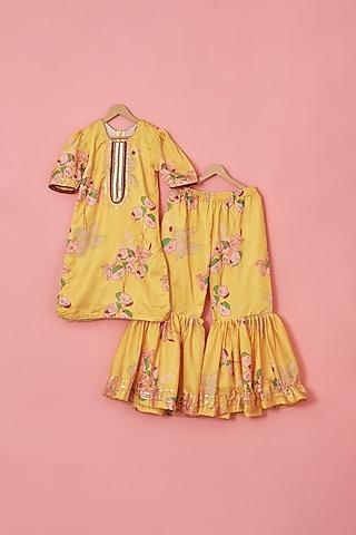 yellow silk & cotton floral printed sharara set for girls