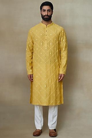 yellow silk chanderi sequins embroidered kurta