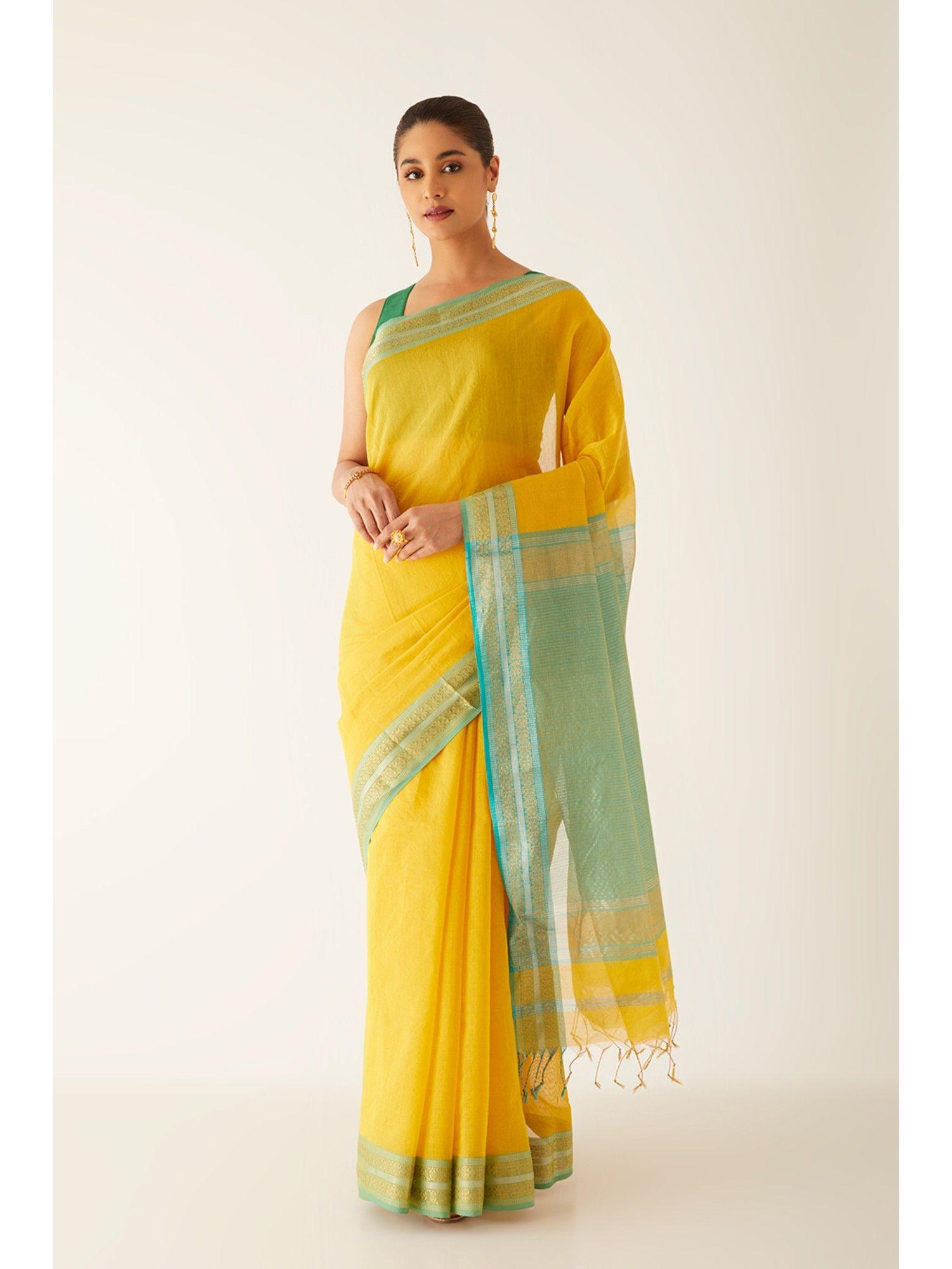 yellow silk cotton maheshwari saree with unstitched blouse