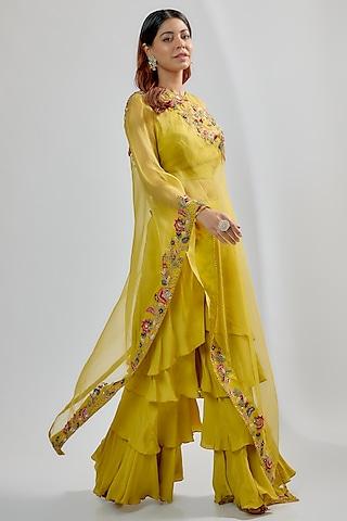 yellow silk habutai organza hand embroidered cape set