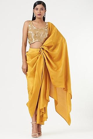 yellow silk pre draped saree