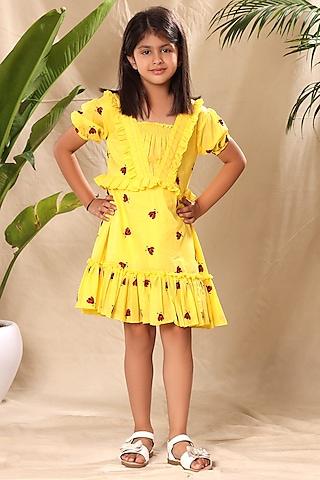 yellow soft cotton cambric embroidered tiered dress for girls