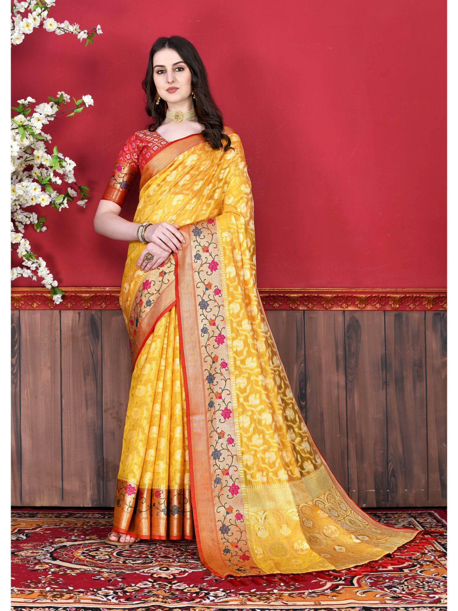 yellow soft cotton silk woven zari saree with unstitched blouse