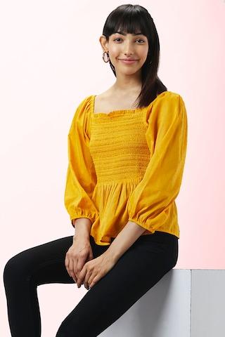 yellow solid casual 3/4th sleeves square neck women regular fit top