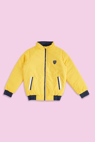 yellow solid casual full sleeves band collar boys regular fit jacket