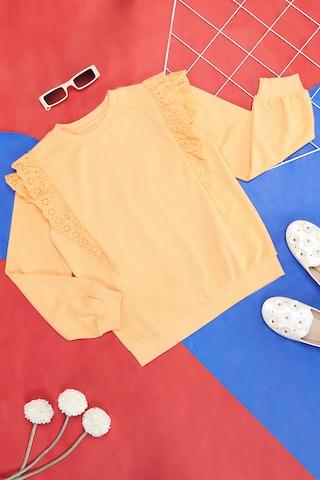 yellow solid casual full sleeves round neck girls comfort fit  sweatshirt