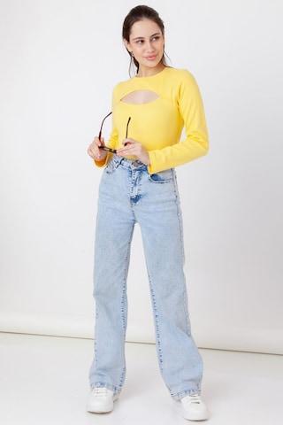 yellow solid casual full sleeves round neck women tailored fit top