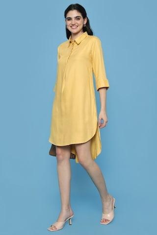 yellow solid regular collar ethnic knee length 3/4th sleeves women a-line fit dress