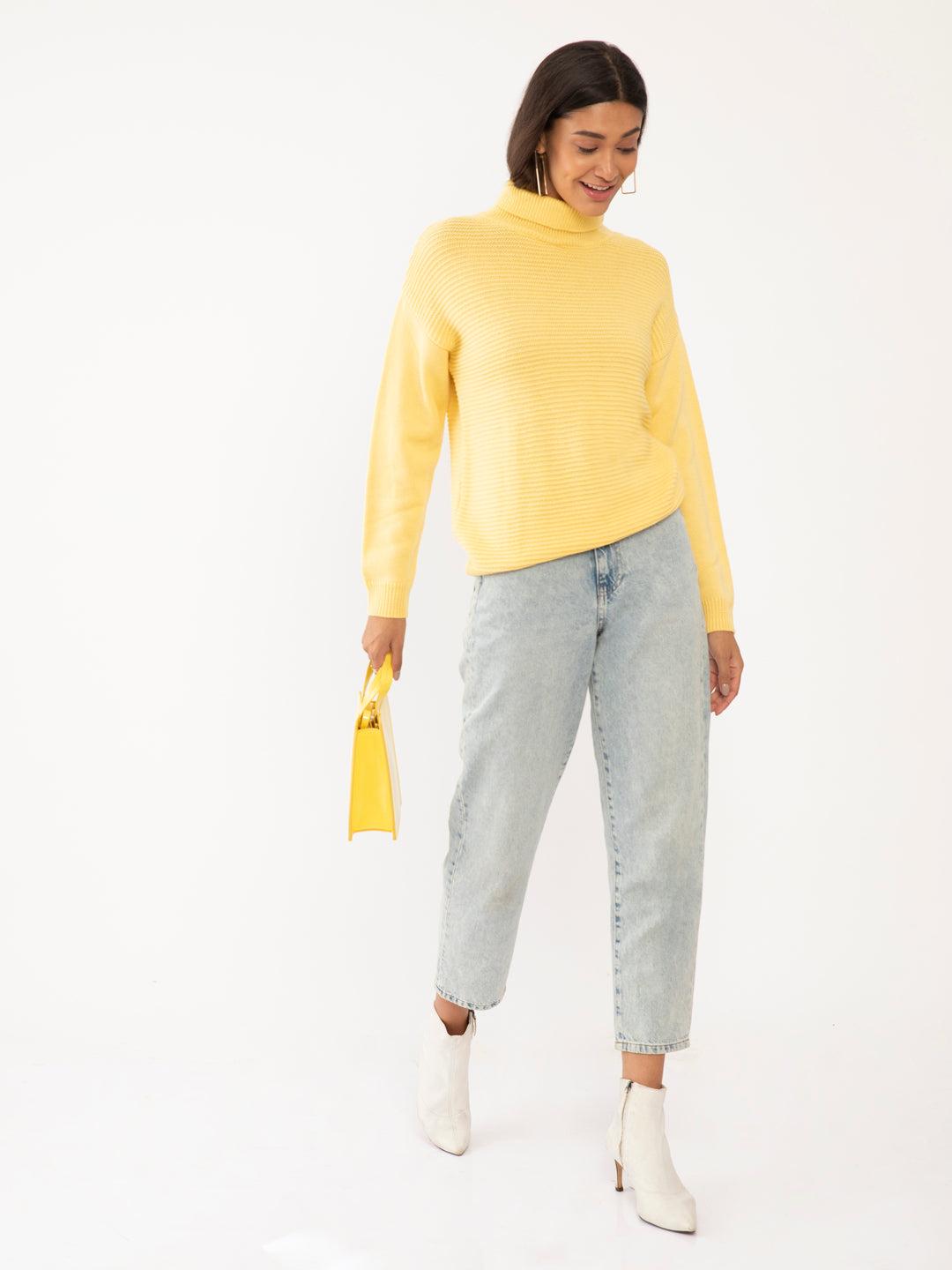 yellow solid sweater for women