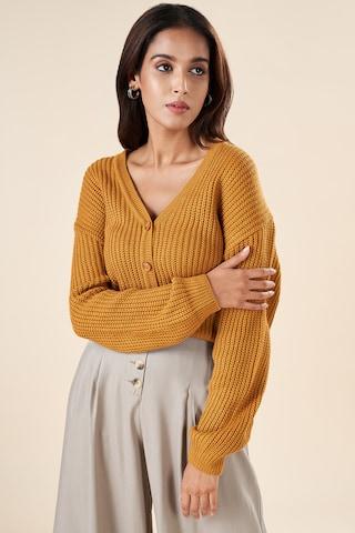 yellow solid winterwear full sleeves v neck women regular fit  shrug