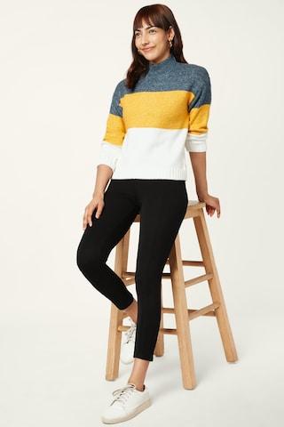 yellow stripe casual full sleeves high neck women regular fit sweater