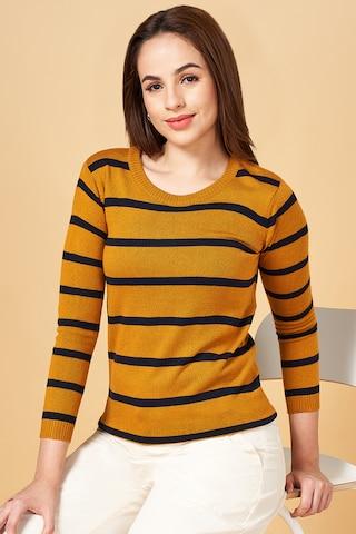yellow stripe casual full sleeves round neck women regular fit sweater
