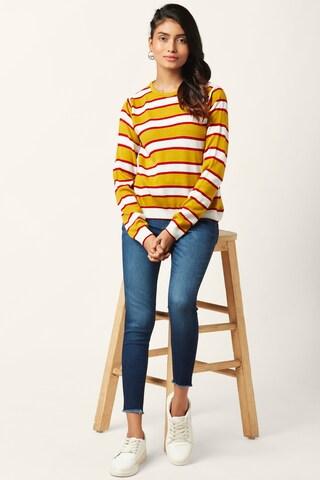 yellow stripe casual full sleeves round neck women regular fit sweater