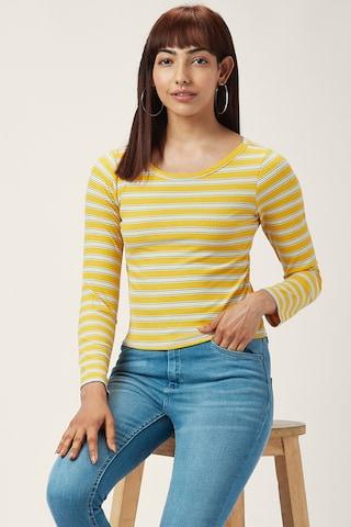 yellow stripe casual full sleeves round neck women regular fit t-shirt