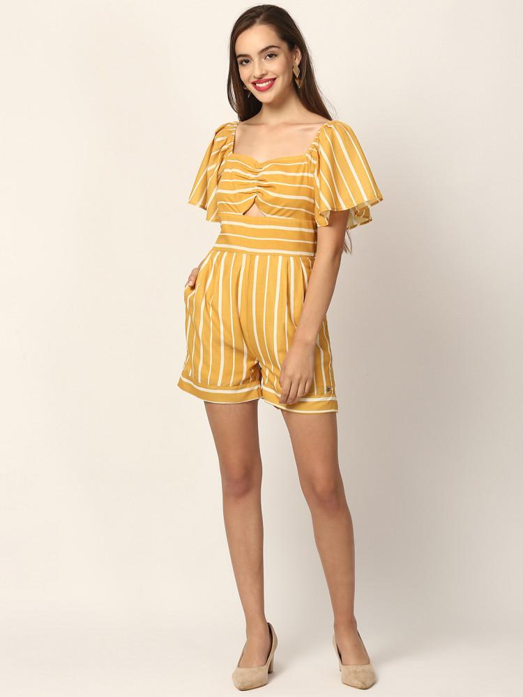 yellow striped sweetheart neck playsuit