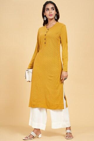 yellow textured calf-length  winter wear women regular fit  kurta
