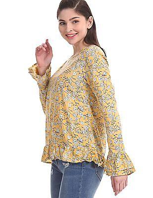 yellow tiered bell sleeve floral print top