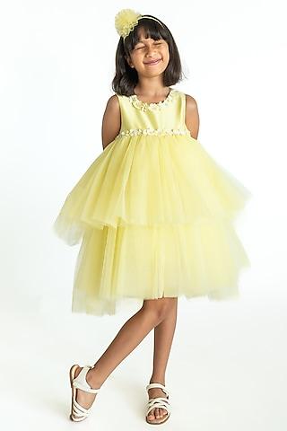 yellow tulle & poly blend floral hand embroidered layered dress for girls