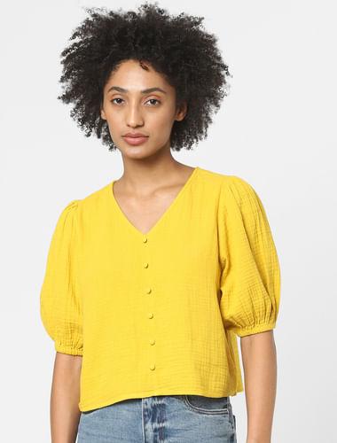 yellow v neck textured top