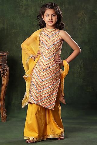 yellow viscose cotton embellished kurta set for girls