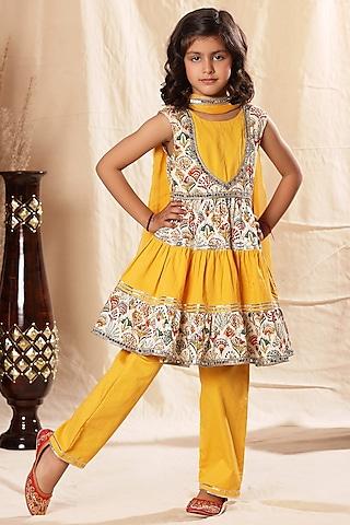 yellow viscose cotton printed & embellished kurta set for girls