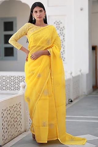yellow viscose silk organza embroidered saree set