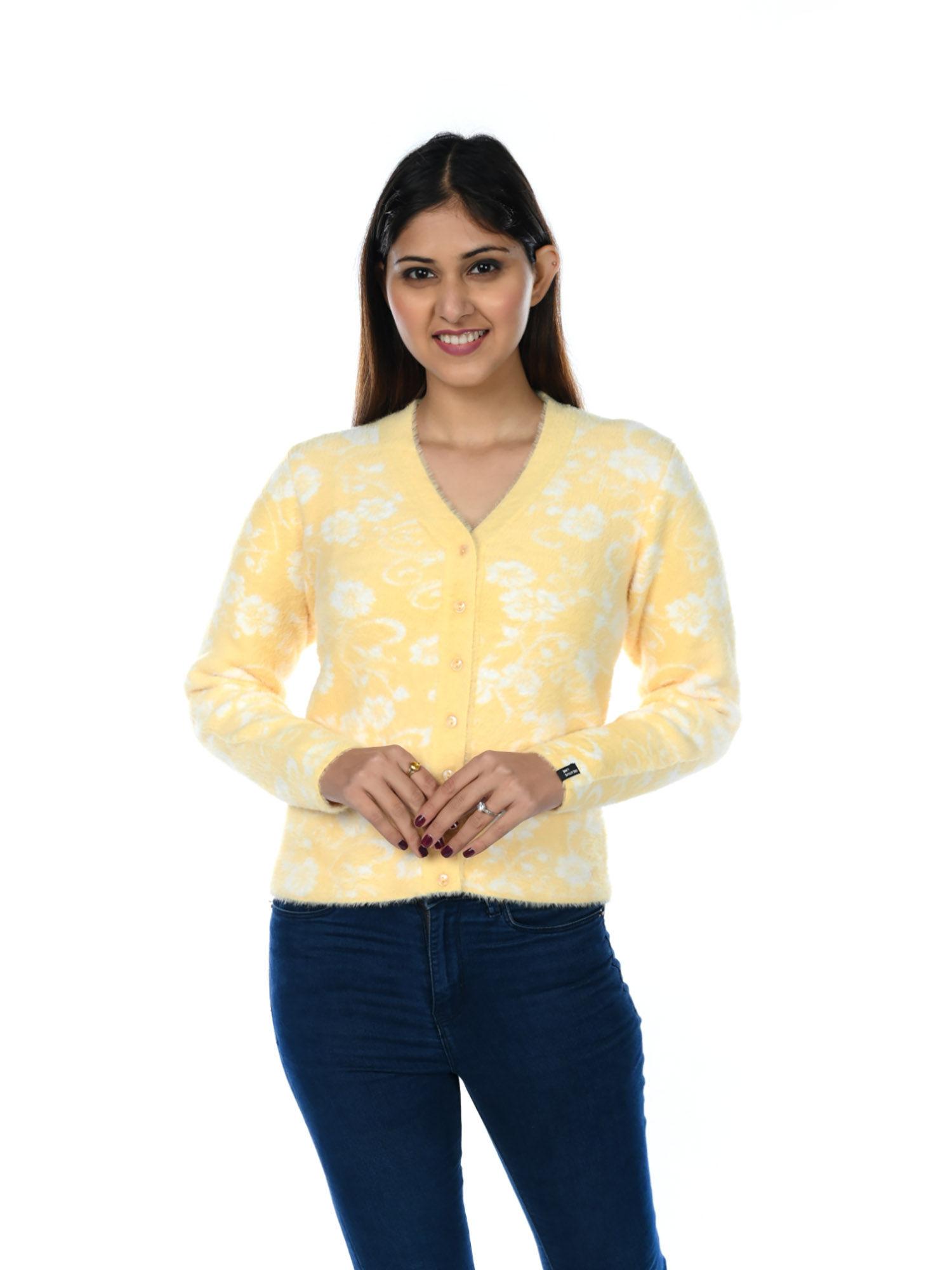 yellow wool floral v-neck cardigans