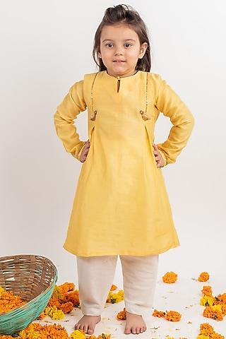 yellow zari embroidered kurta set for girls