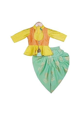 yellow, orange & sea green printed dhoti set for girls