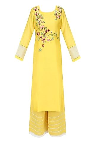 yellow, red, green and white floral embroidered kurta and palazzos set