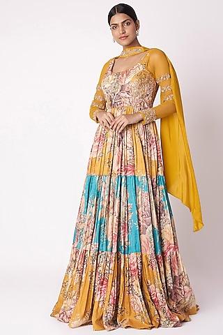 yellow & aqua blue embroidered anarkali with dupatta