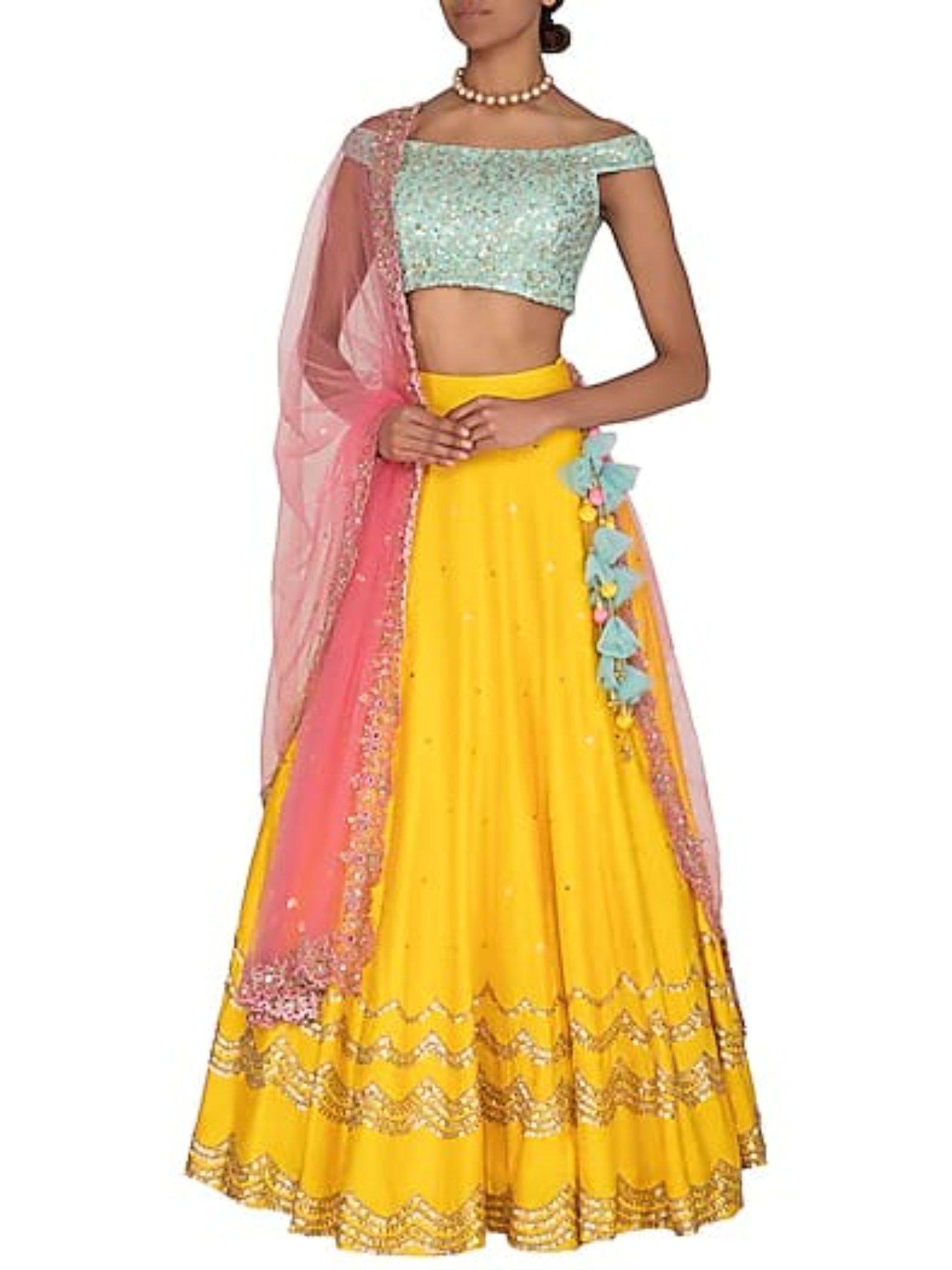 yellow & aqua blue embroidered lehenga with choli and dupatta (set of 3)