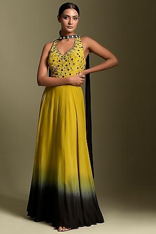 yellow & black crepe anarkali set