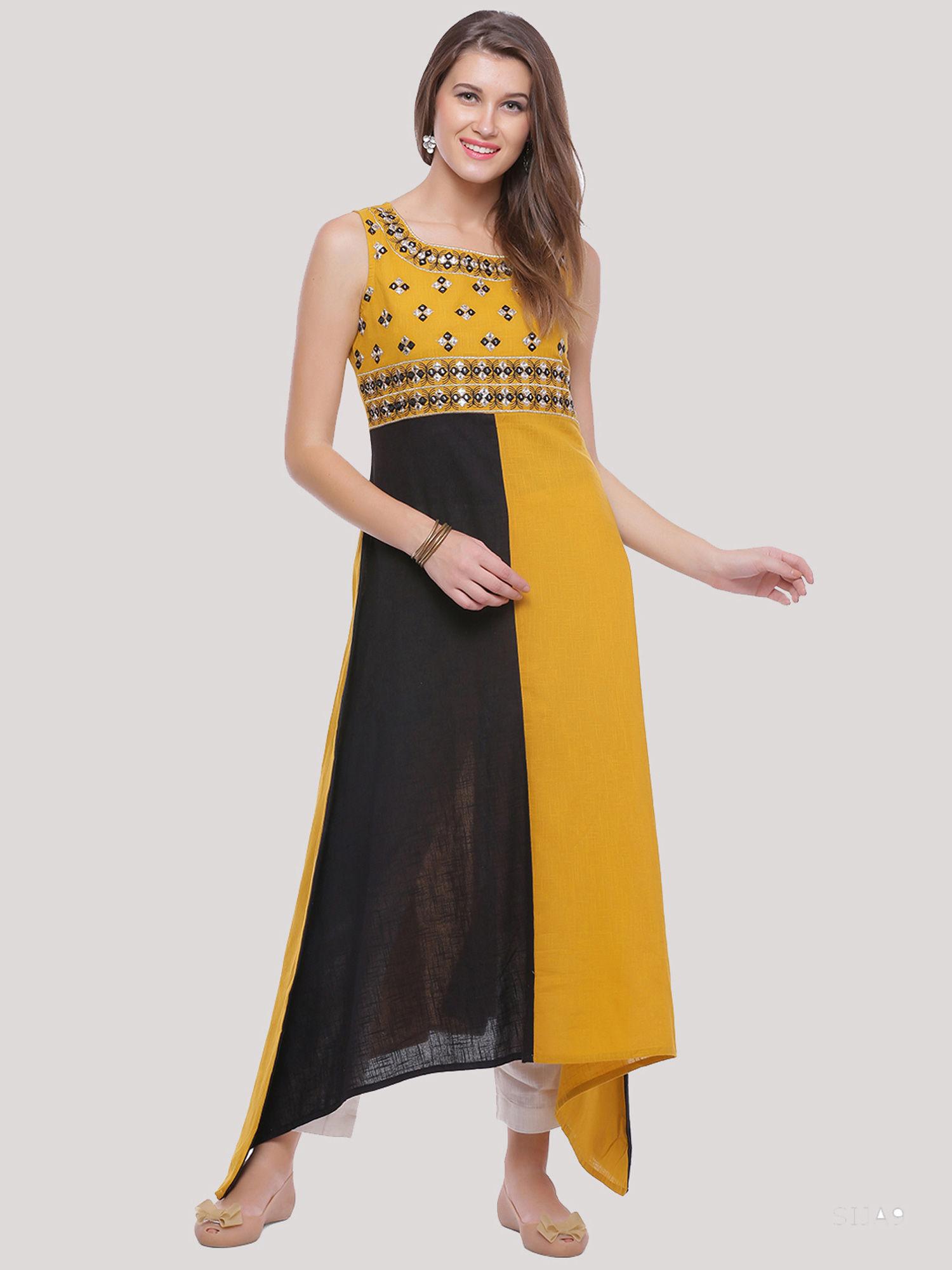 yellow & black hand embroidered cotton kurta