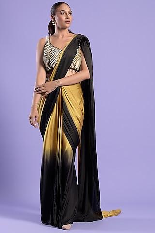 yellow & black ombre satin silk draped saree set