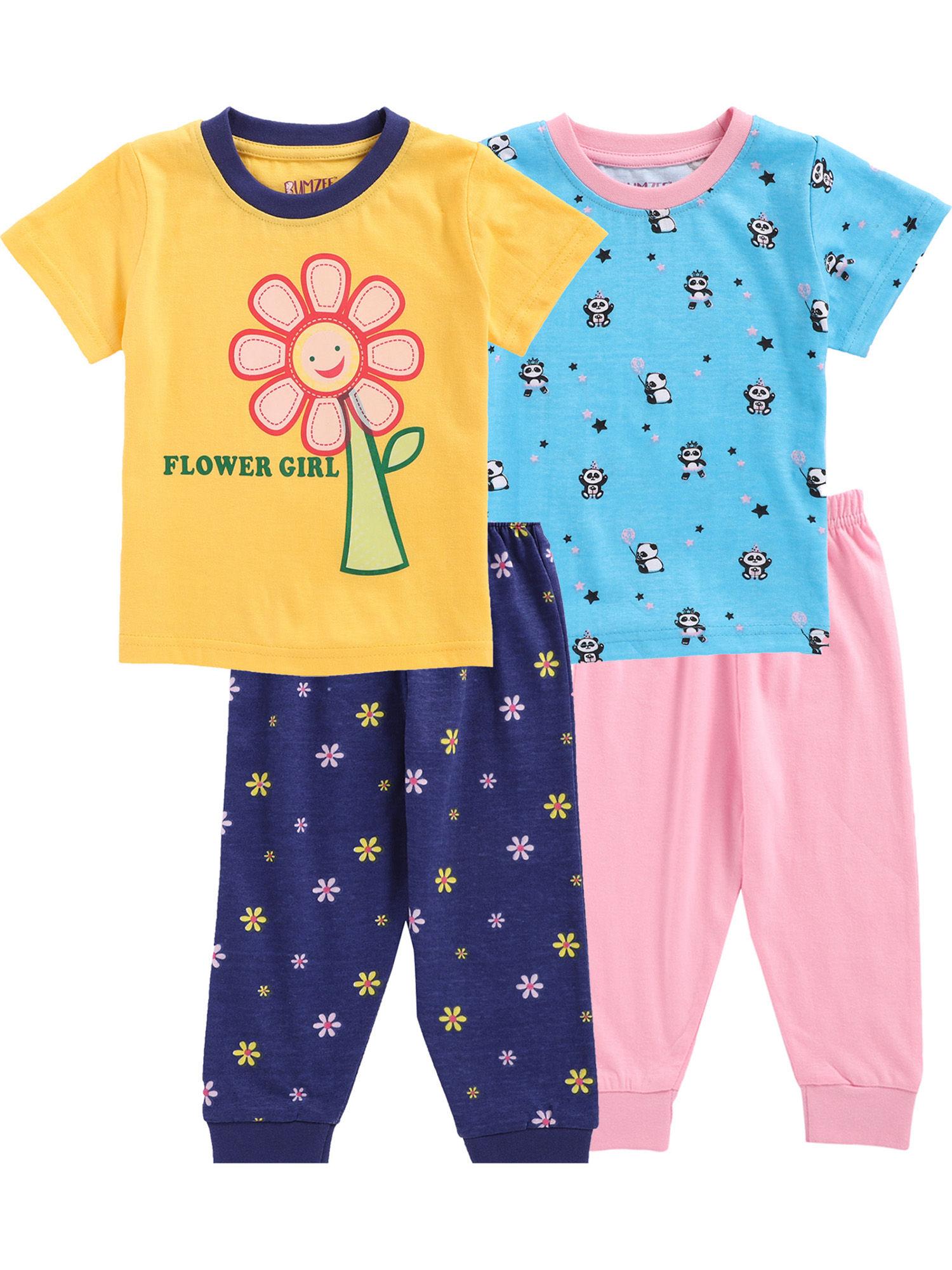 yellow & blue half sleeve baby girls t-shirt & pajama (set of 4)