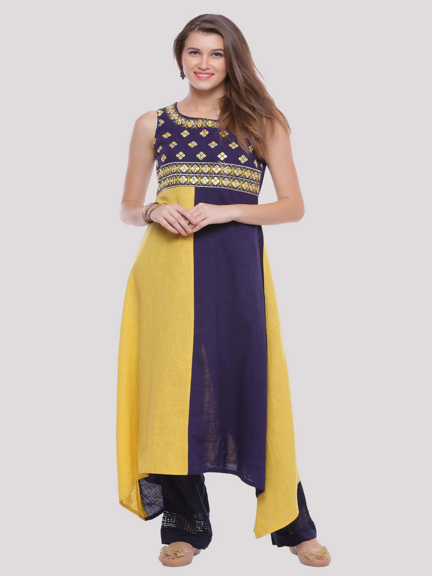 yellow & blue hand embroidered cotton kurta