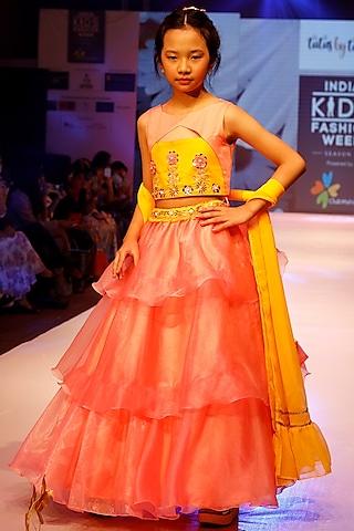 yellow & blush pink embroidered lehenga set for girls