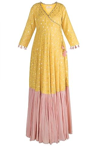 yellow & blush pink printed angrakha anarkali set