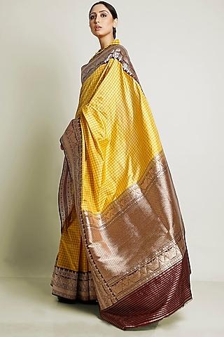 yellow & brown kadhwa woven saree set