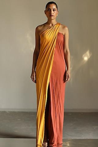 yellow & brown one-shoulder dress