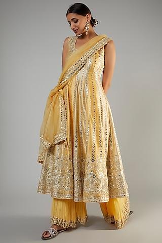 yellow & champagne slub silk embroidered anarkali set