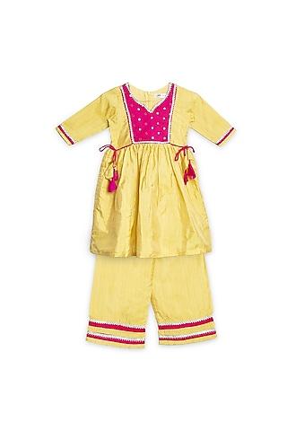 yellow & fuchsia pleated embroidered kurta set for girls