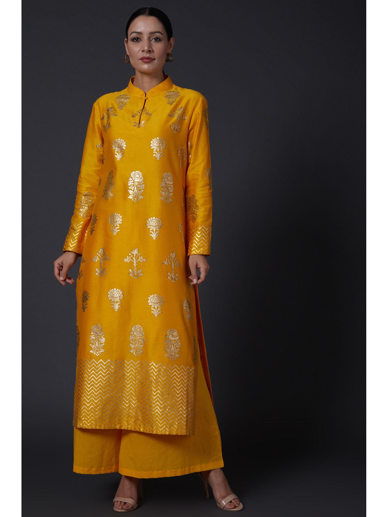 yellow & gold block printed kurta with pants (set of 2)